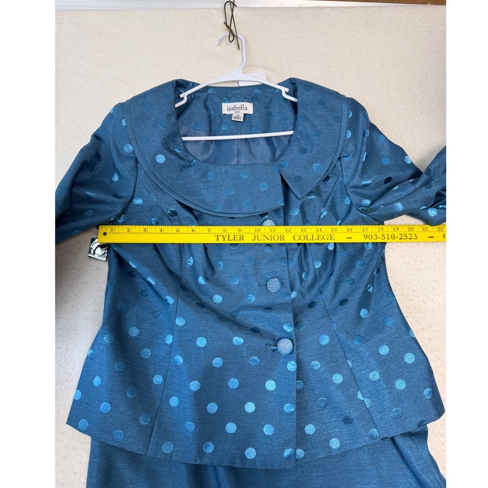Isabella Suits Women 12 Teal Blue Skirt Suit Polka Dot Top Portrait Collar